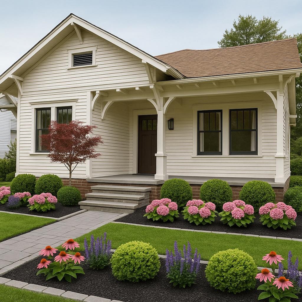 DIY Landscape Design, Front Landscape, Zone 5-9, Curb Appeal Landscaping, Evergreen Landscape, Front Garden Bed Design, Foundation Beds