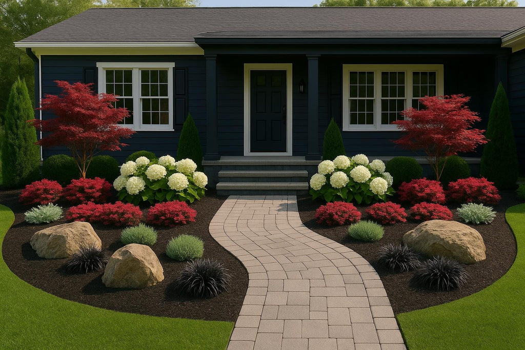 DIY Landscape Design, Front Landscape, Zone 5-9, Curb Appeal Landscaping, Evergreen Landscape, Front Garden Bed Design, Foundation Beds